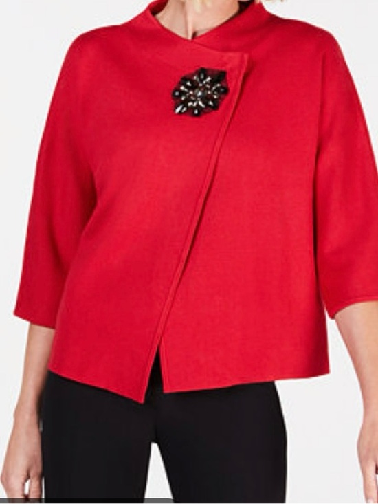 JM Collection Sweaters - **NWT** JM Collection Red Asymmetrical Sweater Jacket & Jeweled Brooch Size - L